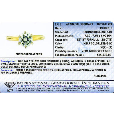 IGI Certified Natural Diamond Solitaire Ring 14K Yellow Gold 1.68 Carats