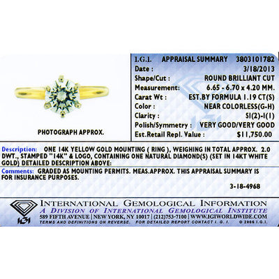 IGI Certified Natural Diamond Solitaire Ring 14K Yellow Gold 1.19 Carats