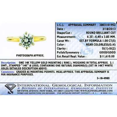 IGI Certified Natural Diamond Solitaire Ring 14K Yellow Gold 1 Carat