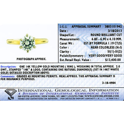 IGI Certified Natural Diamond Solitaire Ring 14K Yellow Gold 1.19 Carats