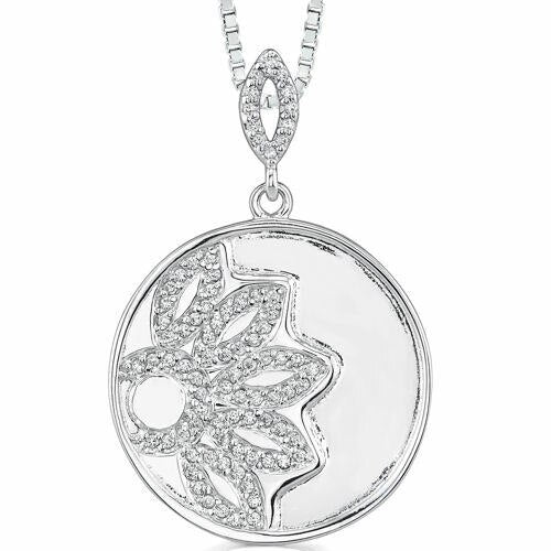 Cubic Zirconia Floral Pendant Necklace Sterling Silver