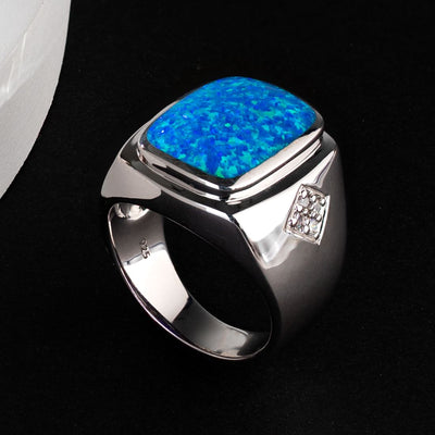 Men's Created Blue Opal Knight Ring Sterling Silver Sizes 8 To 13