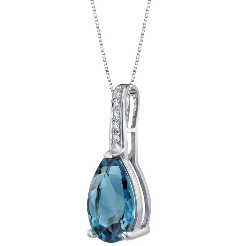 Pear Shape London Blue Topaz and Diamond Teardrop Pendant Necklace 14K White Gold 3 Carats