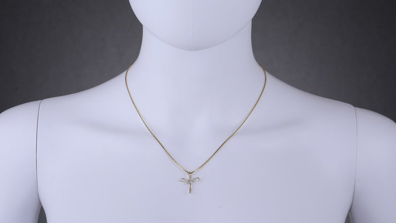 14K Yellow Gold Diamond Accent Minimalistic Cross Pendant P10106 on a model