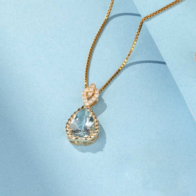 Pear Shape Aquamarine and Diamond Infinity Teardrop Pendant 14K Yellow Gold 3 Carats