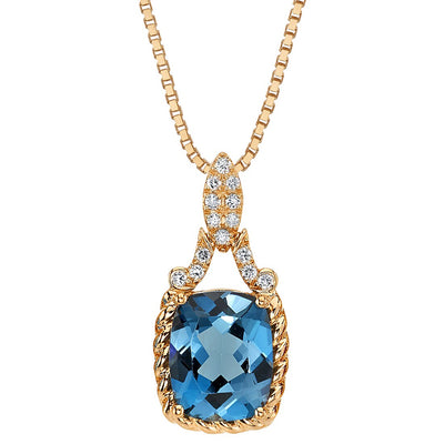 Cushion Cut London Blue Topaz and Diamond Cable Halo Pendant Necklace 14K Rose Gold 3.50 Carats