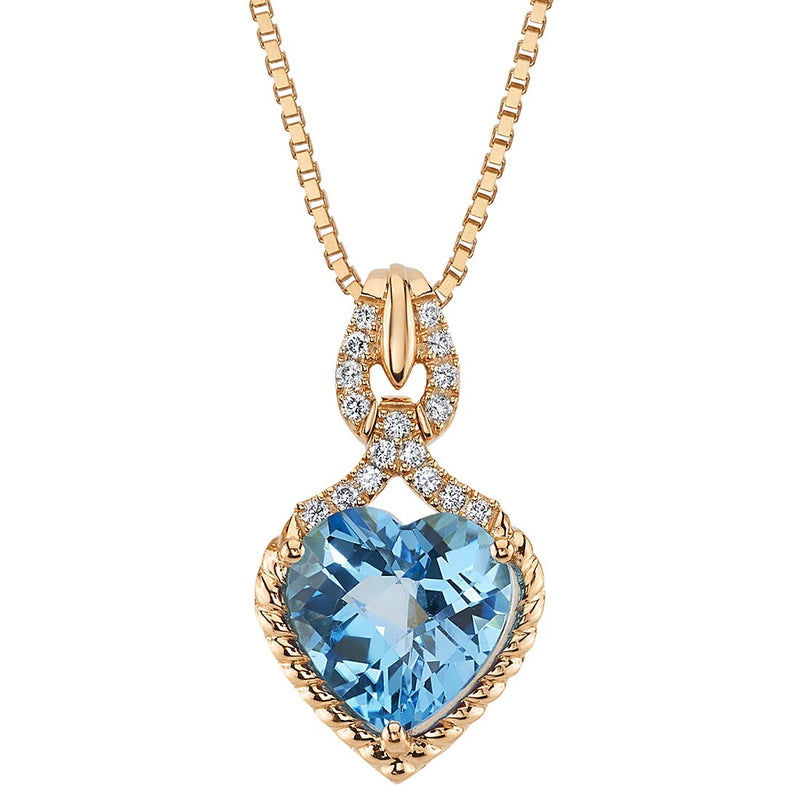 Heart Shape Swiss Blue Topaz and Diamond Halo Pendant Necklace 14K Rose Gold 4 Carats