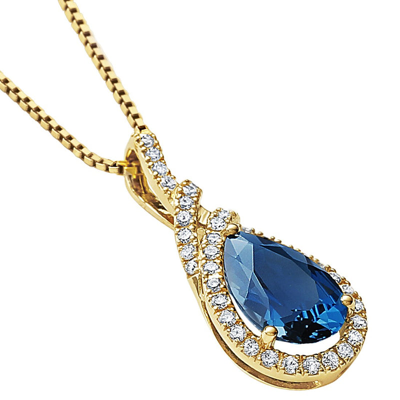 London Blue Topaz And Lab Grown Diamond Halo Pendant In 14 Karat Yellow Gold Pear Shaped 12X8Mm 3 38 Carats Total P10154 alternate view and angle