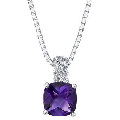 Cushion Cut Amethyst and Diamond Solitaire Pendant Necklace 14K White Gold 1.50 Carats