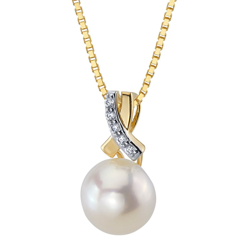 Freshwater Cultured 9mm White Pearl Open Infinity Solitaire Pendant Necklace 14K Yellow Gold