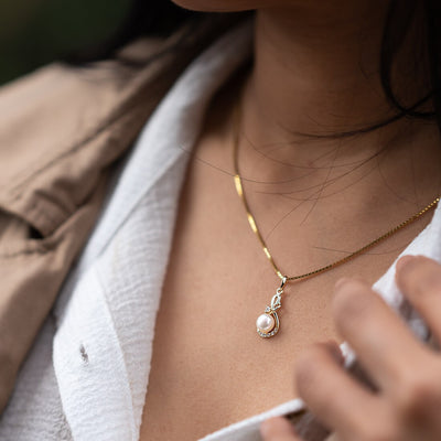 Freshwater Cultured White Pearl Pendant In 14K Yellow Gold Round Button Shape 6Mm Dainty Infinity Swirl Solitaire P10178 additional view, angle, and on model