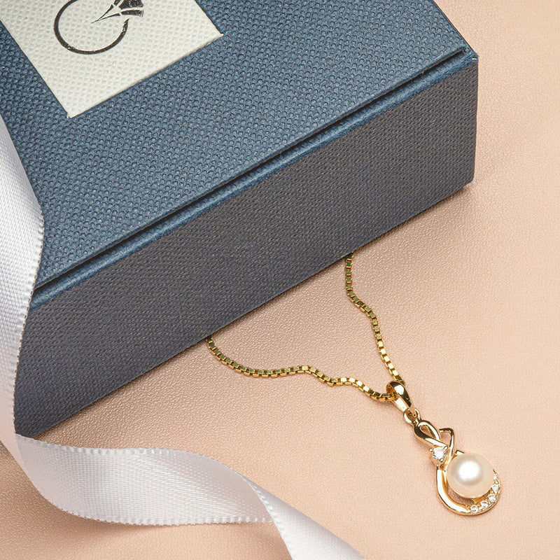 Freshwater Cultured White Pearl Pendant In 14K Yellow Gold Round Button Shape 6Mm Dainty Infinity Swirl Solitaire P10178 complimentary gift box