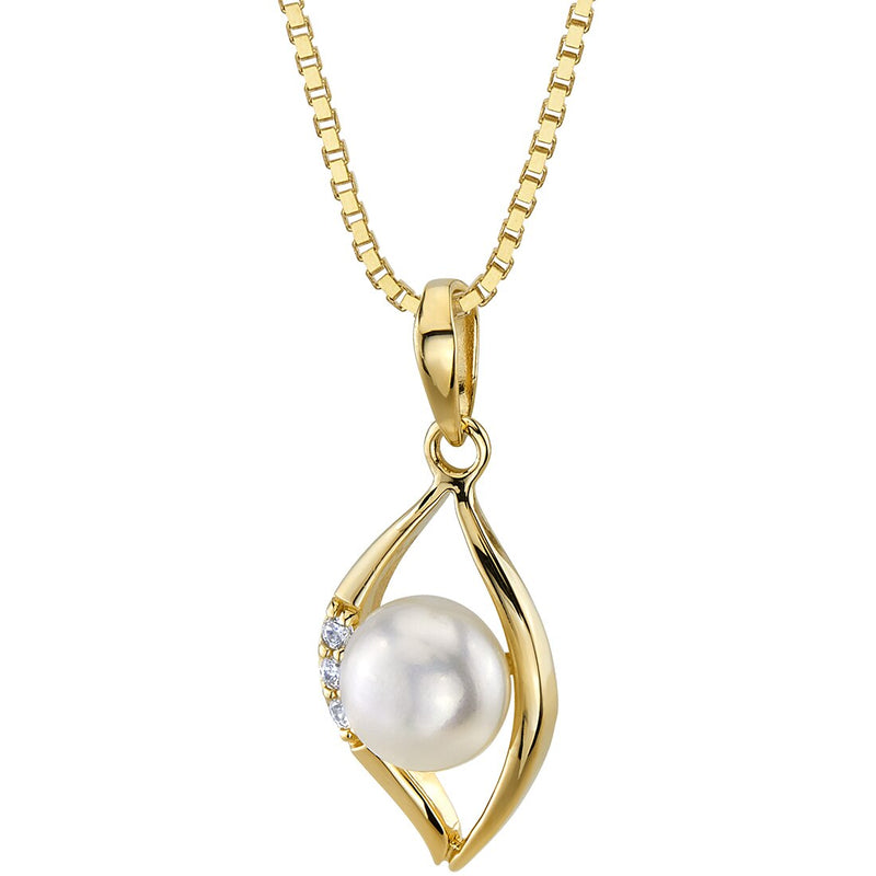 Freshwater Cultured 6mm White Pearl Open Leaf Solitaire Pendant Necklace 14K Yellow Gold