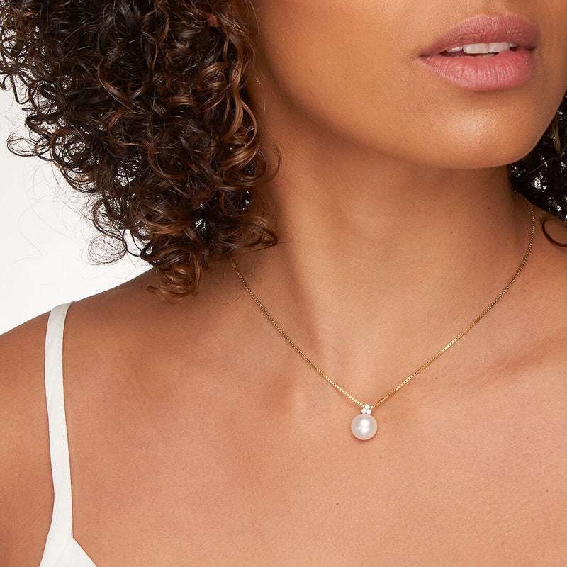 Freshwater Cultured White Pearl Pendant In 14K Yellow Gold Round Button Shape 10Mm Heirloom Slider Solitaire P10192 on a model