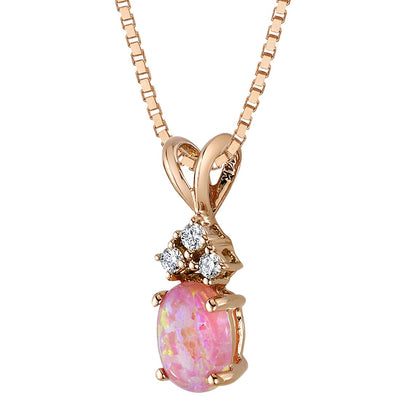 Pink Opal and Diamond Pendant Necklace 14K Rose Gold Oval Shape