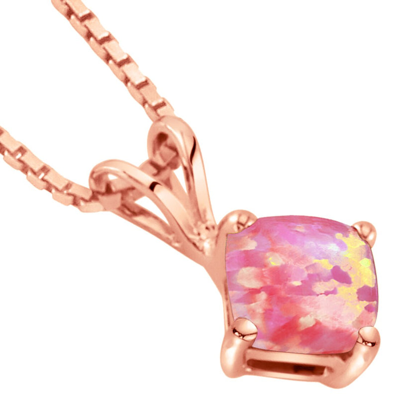 Cushion Cut Pink Opal Pendant Necklace 14K Rose Gold