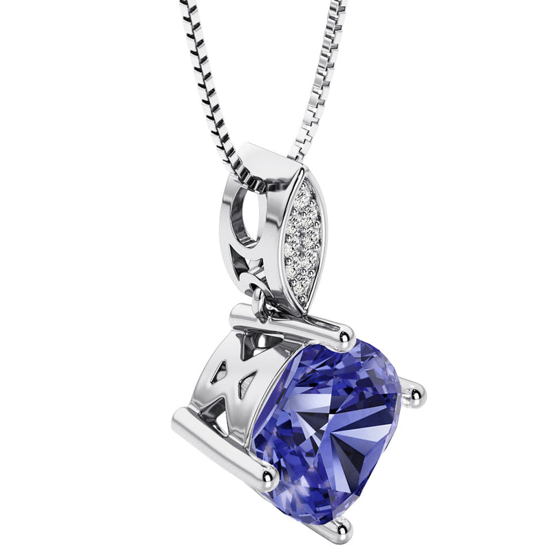 2.50 Carats Cushion Cut Tanzanite and Lab Grown Diamond Drop Pendant in 14K White Gold