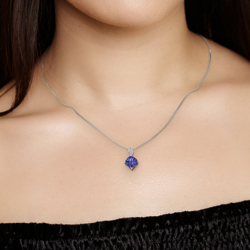 2.50 Carats Cushion Cut Tanzanite and Lab Grown Diamond Drop Pendant in 14K White Gold