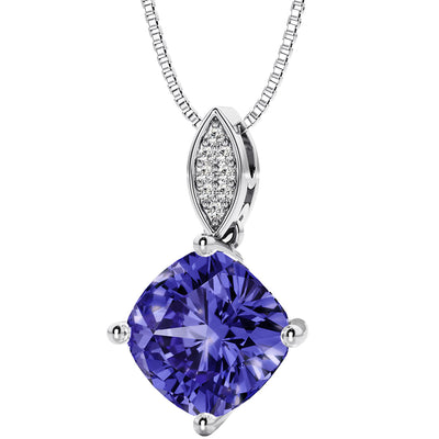 2.50 Carats Cushion Cut Tanzanite and Lab Grown Diamond Drop Pendant in 14K White Gold