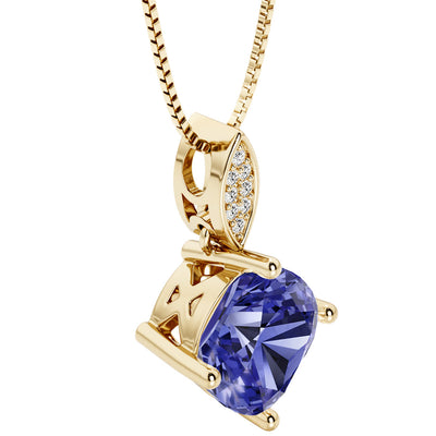 2.50 Carats Cushion Cut Tanzanite and Lab Grown Diamond Drop Pendant in 14K Yellow Gold