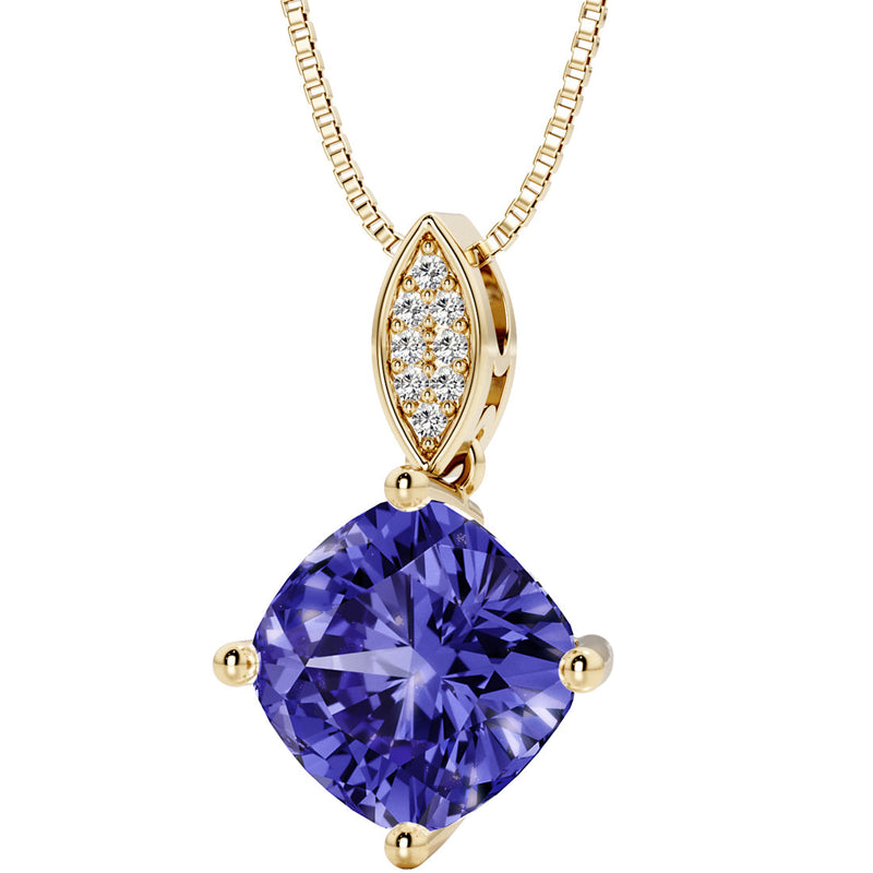 2.50 Carats Cushion Cut Tanzanite and Lab Grown Diamond Drop Pendant in 14K Yellow Gold