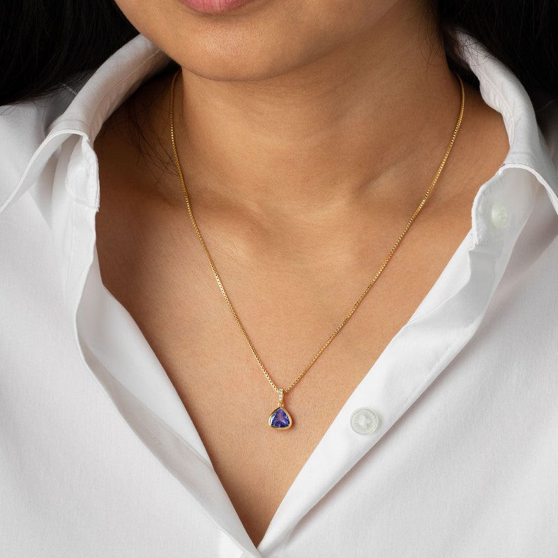 Trillion Shape Tanzanite and Diamond Pendant Necklace 14K Yellow Gold 1.75 Carats