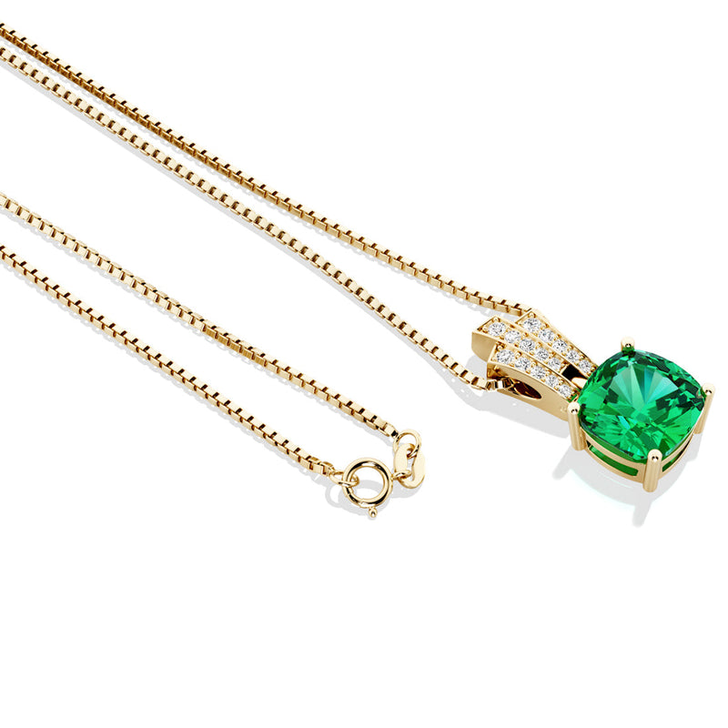 Cushion Cut Colombian Emerald and Diamond Pendant Necklace 14K Yellow Gold 3 Carats