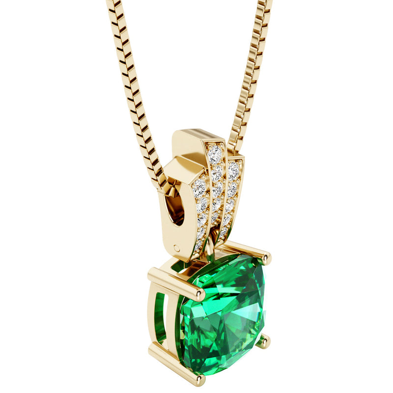 Cushion Cut Colombian Emerald and Diamond Pendant Necklace 14K Yellow Gold 3 Carats