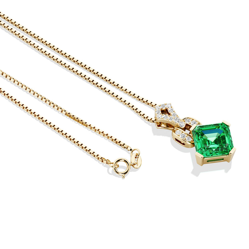 Asscher Cut Colombian Emerald and Diamond Pendant Necklace 14K Yellow Gold 2.25 Carats