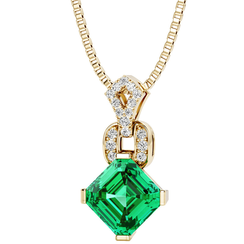 Asscher Cut Colombian Emerald and Diamond Pendant Necklace 14K Yellow Gold 2.25 Carats