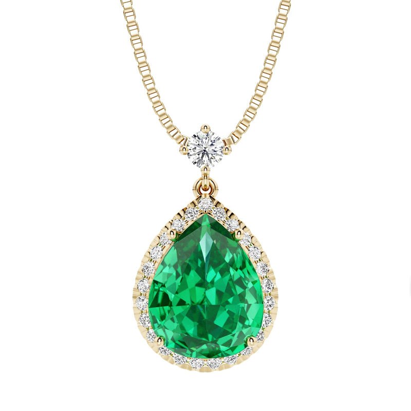 Pear Shape Colombian Emerald & Lab Grown Diamond Pendant 14K Yellow Gold 6.50 Carats