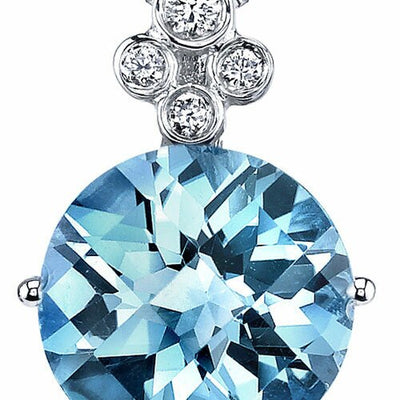 Swiss Blue Topaz and Diamond Pendant Necklace 14K White Gold 4 Carats Round