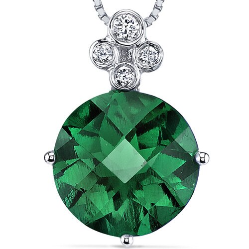 Emerald Pendant Necklace 14 Karat White Gold Round Shape 3 Carat