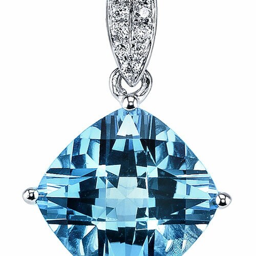 Swiss Blue Topaz and Diamond  Pendant Necklace 14K White Gold 3.50 Carats Cushion Cut