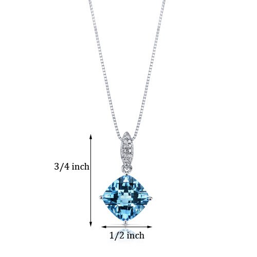 Swiss Blue Topaz and Diamond  Pendant Necklace 14K White Gold 3.50 Carats Cushion Cut