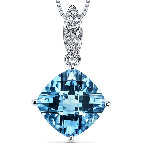 Swiss Blue Topaz and Diamond  Pendant Necklace 14K White Gold 3.50 Carats Cushion Cut