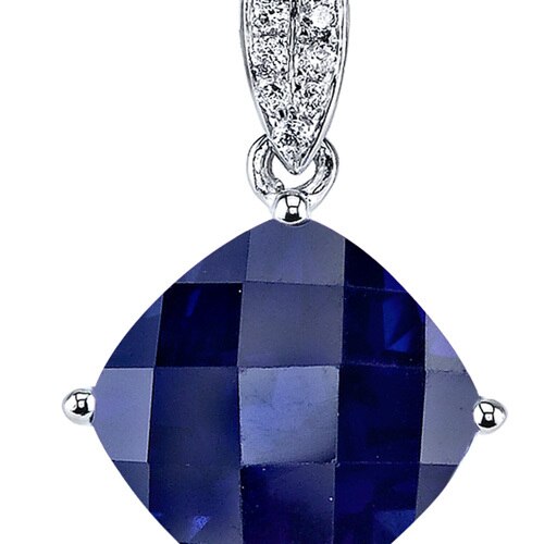 Blue Sapphire and Diamond Pendant Necklace 14K White Gold 4 Carats Cushion Cut