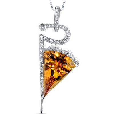 Citrine Pendant Necklace 14K White Gold Fancy Fan Shape 8.5 Carats