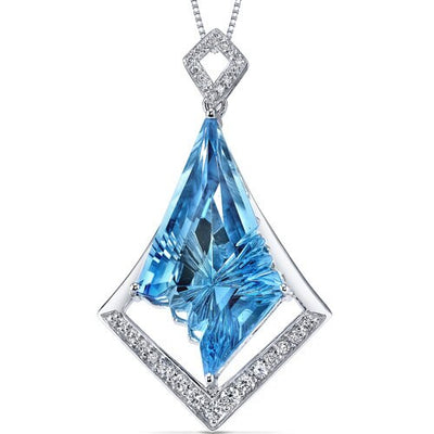 Swiss Blue Topaz Pendant 14K White Gold Carved Kite Shape 25 Cts