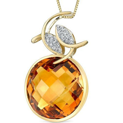 Citrine Pendant Necklace 14 Karat Yellow Gold Round 12.41 Carats