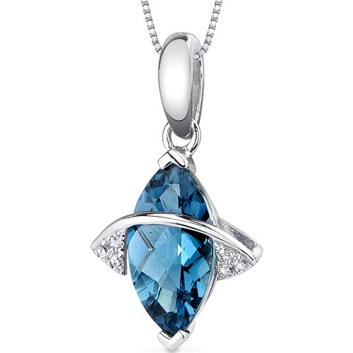 London Blue Topaz and Diamond Pendant Necklace 14K White Gold 1.95 Carats Marquise