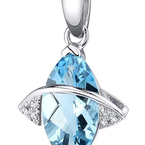 Swiss Blue Topaz and Diamond Pendant Necklace 14K White Gold 1.87 Carats Marquise Shape