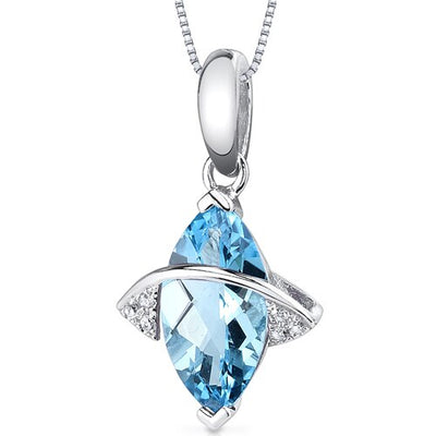 Swiss Blue Topaz and Diamond Pendant Necklace 14K White Gold 1.87 Carats Marquise Shape