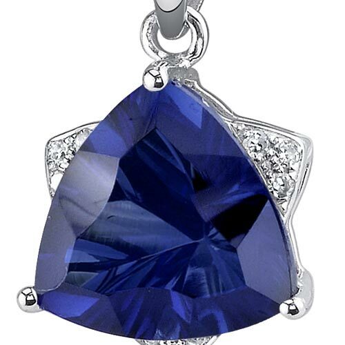 Blue Sapphire and Diamond Pendant Necklace 14K White Gold 3.73 Carats Triangle Shape