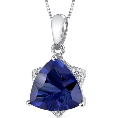 Blue Sapphire and Diamond Pendant Necklace 14K White Gold 3.73 Carats Triangle Shape