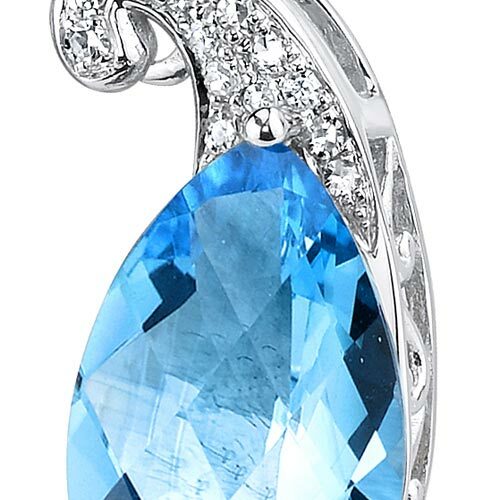 Swiss Blue Topaz and Diamond Pendant Necklace 14K White Gold 2.95 Carats Pear Shape