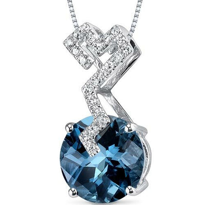 London Blue Topaz and Diamond Pendant Necklace 14K White Gold 3.04 Carats Round Shape