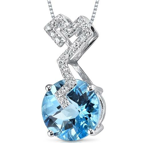 Swiss Blue Topaz Pendant 14 Karat White Gold Round 3.21 Carats