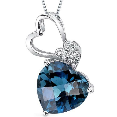 London Blue Topaz and Diamond Pendant Necklace 14K White Gold 3.07 Carats Heart Shape