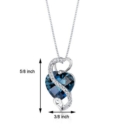 London Blue Topaz and Diamond Pendant Necklace 14K White Gold 2.99 Carats Heart Shape